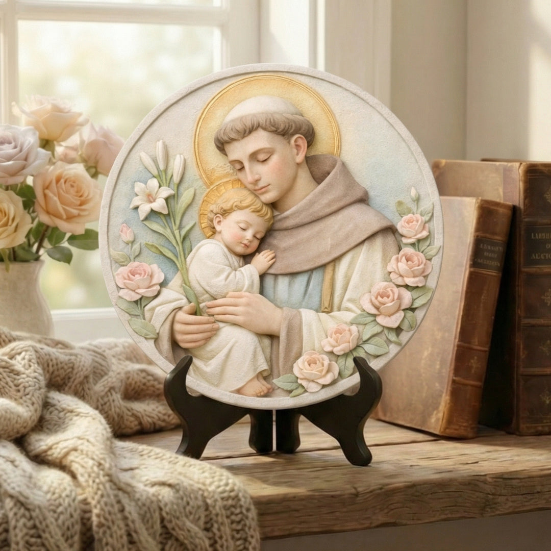 Medalhão decorativo católico com imagem de Santo Antônio Coleção Serenidade, objeto de decoração sacra para ambientes religiosos