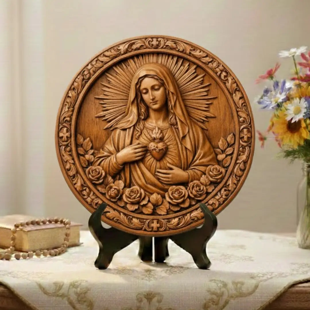 Quadro decorativo circular de Imaculado Coração de Maria para Santuário Lar, Estilo Madeira, Coleção Legado da Sacralle.