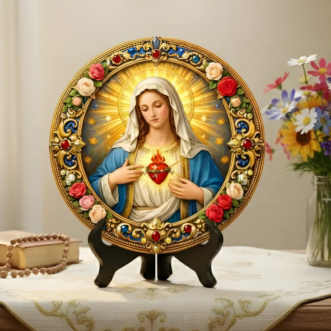 Quadro decorativo circular de Imaculado Coração de Maria para Santuário Lar, Estilo Cores Vibrantes, Coleção Resplendor da Sacralle.