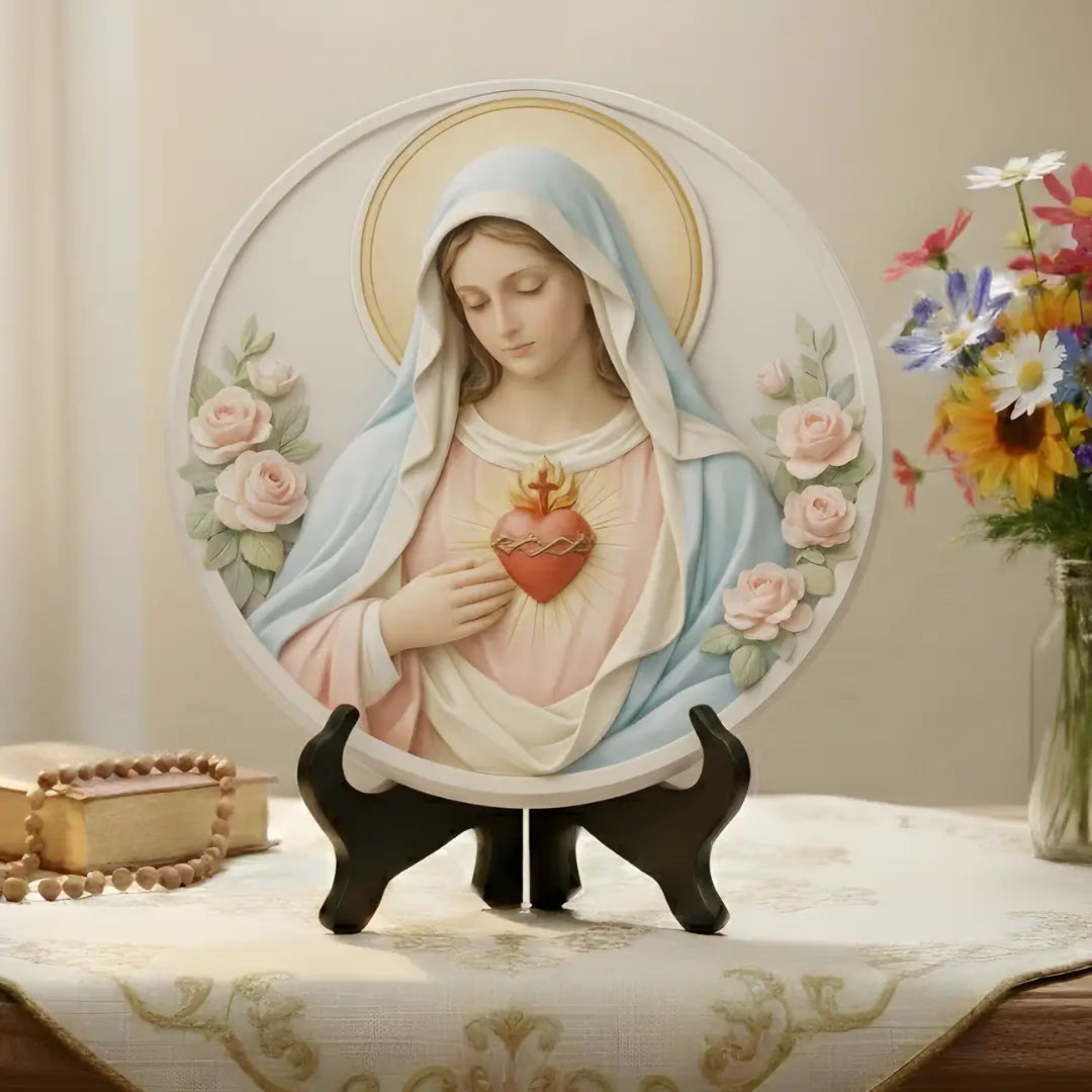 Quadro decorativo circular de Imaculado Coração de Maria para Santuário Lar, Estilo Gesso Minimalista, Coleção Serenidade da Sacralle.