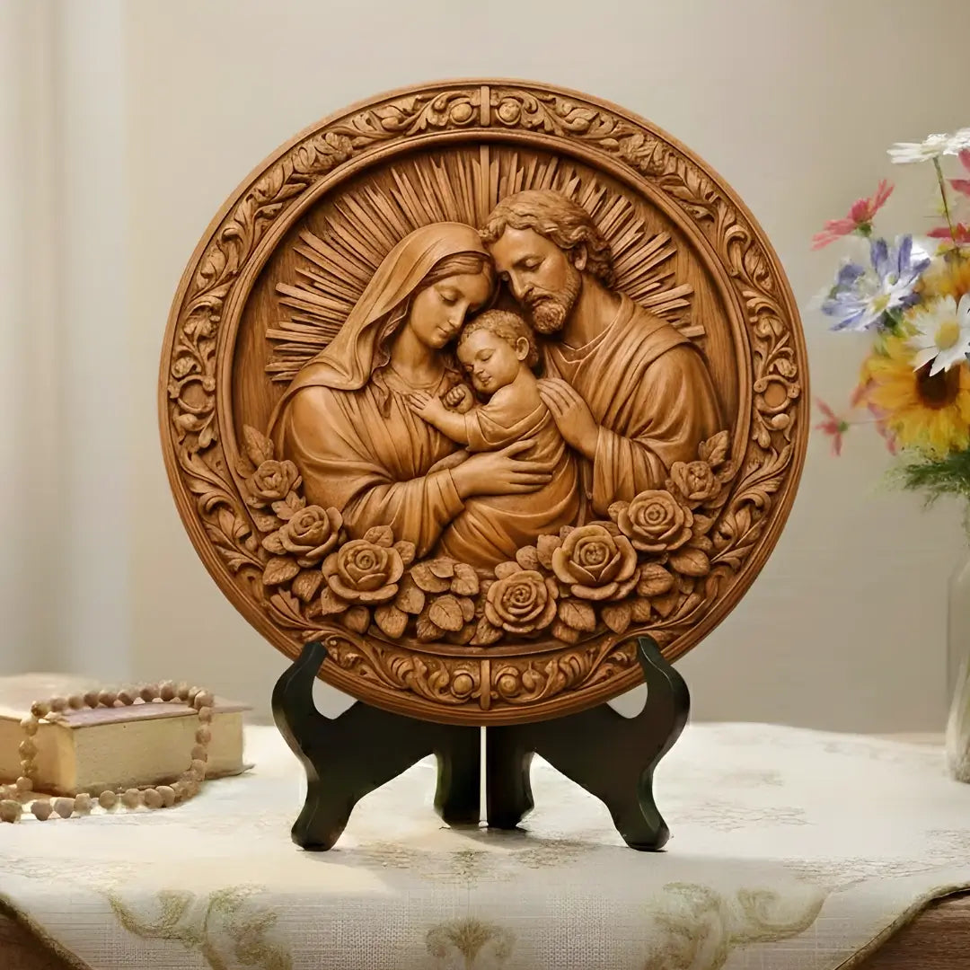 Quadro decorativo circular de Sagrada Família para Santuário Lar, Estilo Madeira, Coleção Legado da Sacralle.