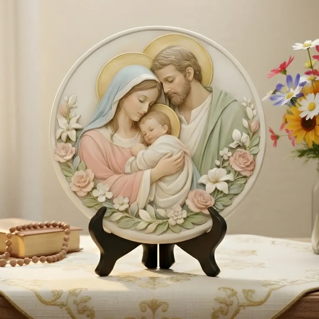 Quadro decorativo circular de Sagrada Família para Santuário Lar, Estilo Gesso Minimalista, Coleção Serenidade da Sacralle.