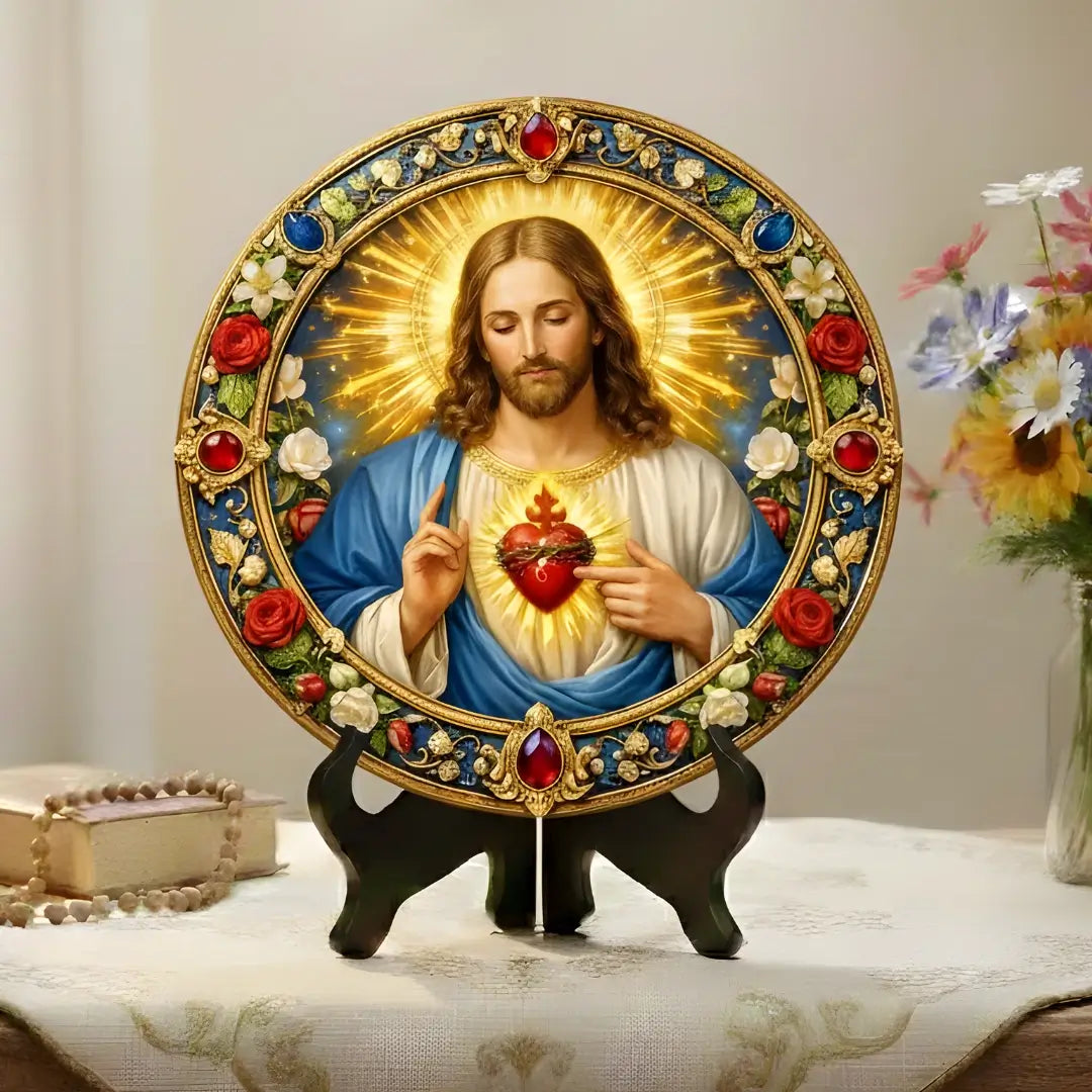 Quadro decorativo circular de Sagrado Coração de Jesus para Santuário Lar, Estilo Cores Vibrantes, Coleção Resplendor da Sacralle.