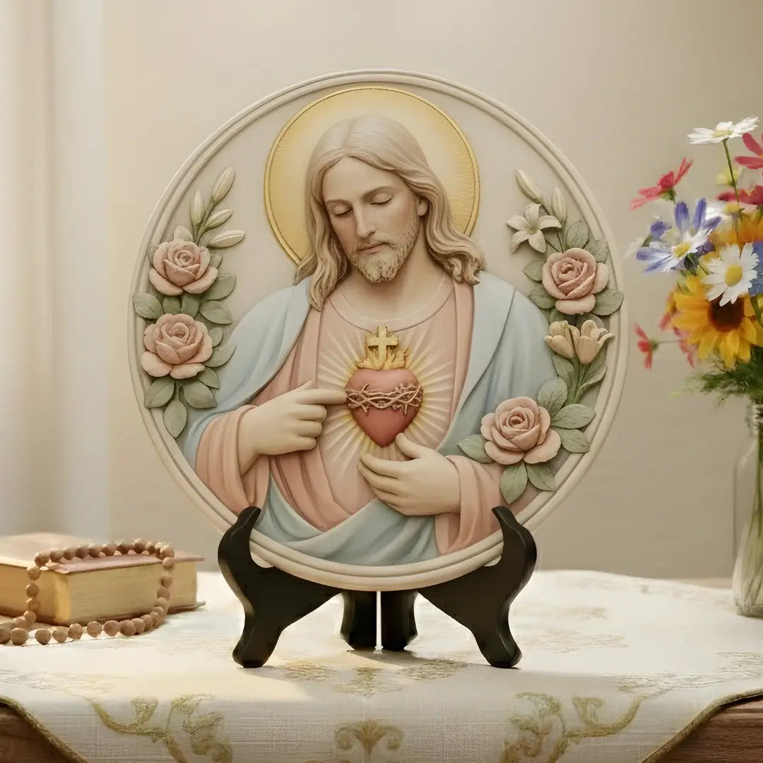 Quadro decorativo circular de Sagrado Coração de Jesus para Santuário Lar, Estilo Gesso Minimalista, Coleção Serenidade da Sacralle.