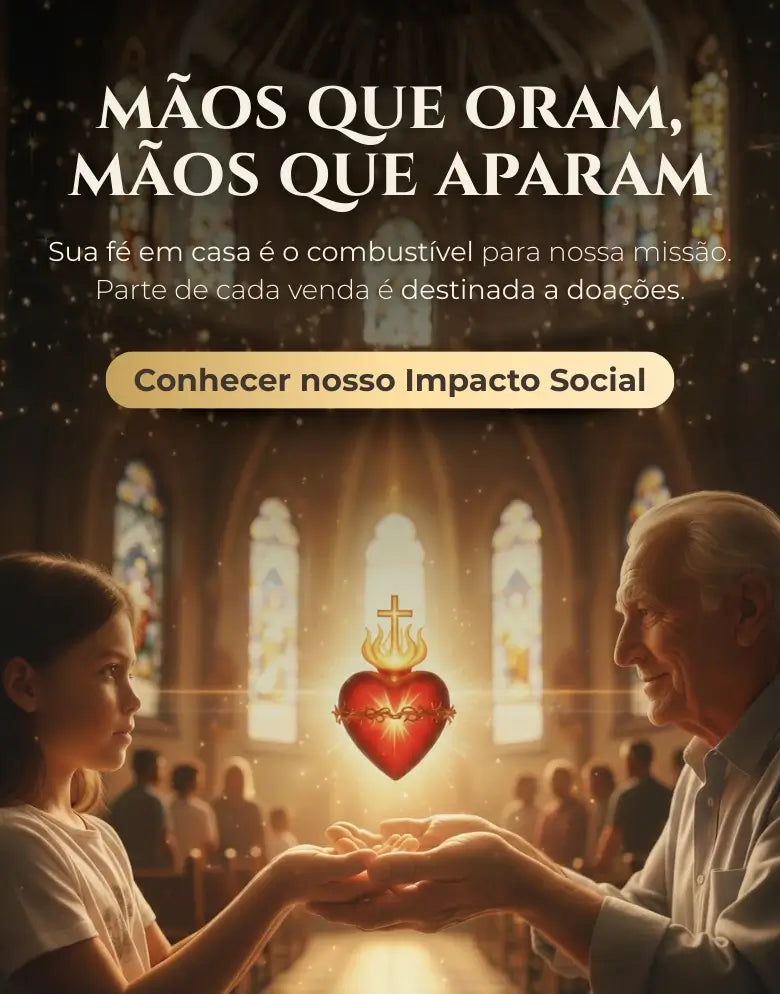 Fotografia realista de uma criança e um senhor idoso em uma igreja, segurando juntos um Sagrado Coração de Jesus iluminado em 3D. A cena representa a missão social da Sacralle de apoio a causas sociais e doações.