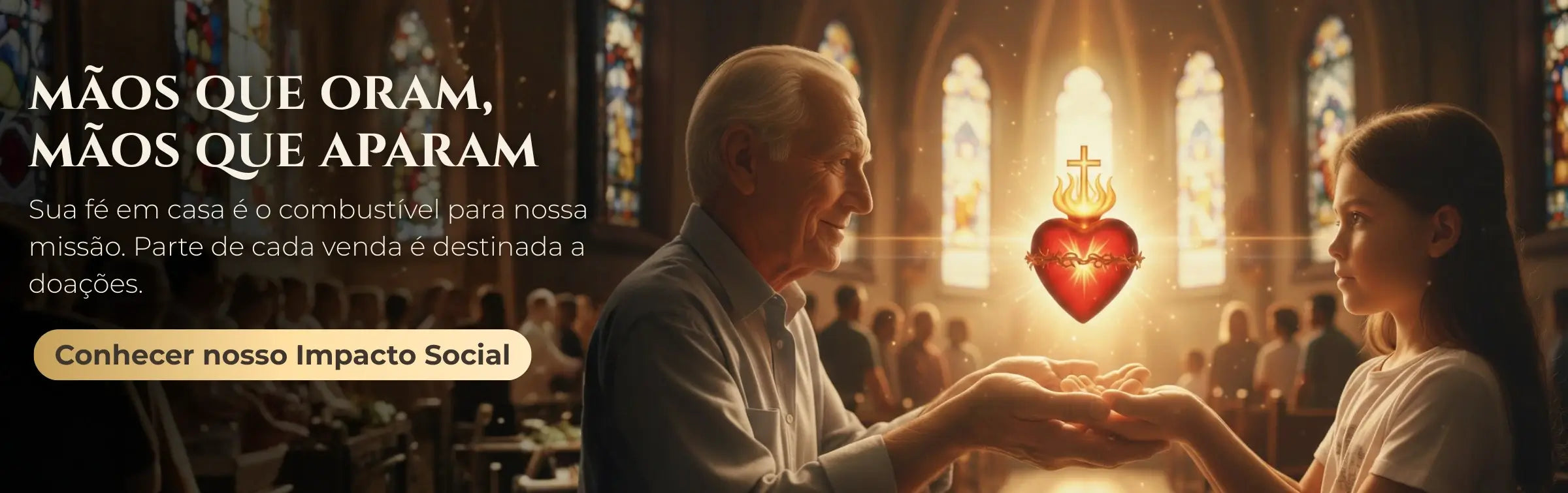 Fotografia realista de uma criança e um senhor idoso em uma igreja, segurando juntos um Sagrado Coração de Jesus iluminado em 3D. A cena representa a missão social da Sacralle de apoio a causas sociais e doações.