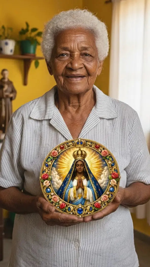 Cliente idosa sorrindo ao segurar um quadro redondo da Sacralle com a imagem de Nossa Senhora Aparecida em seu cantinho de fé doméstico.