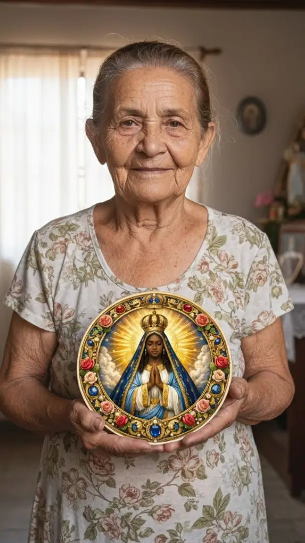 Cliente idosa sorrindo ao segurar um quadro redondo da Sacralle com a imagem de Nossa Senhora Aparecida em seu cantinho de fé doméstico.