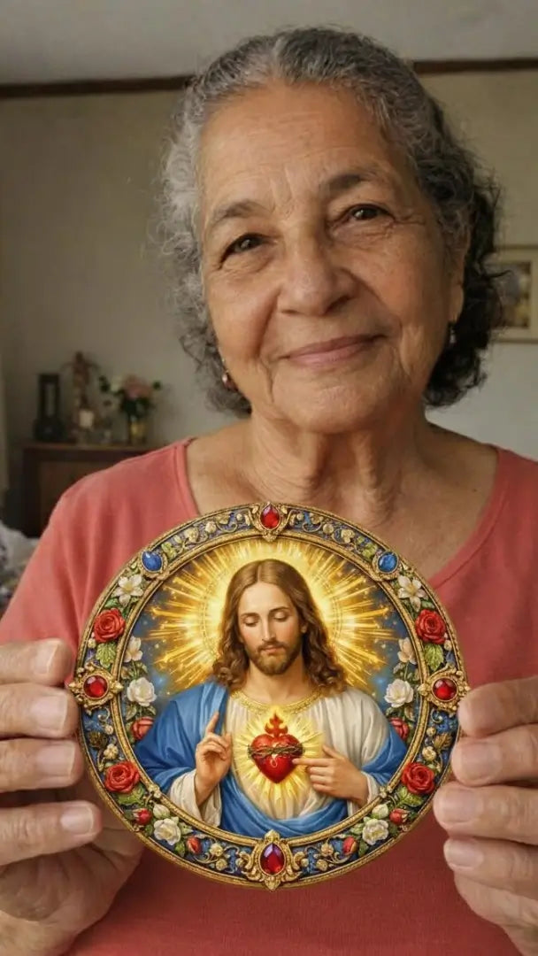Cliente idosa sorrindo ao segurar um quadro redondo da Sacralle com a imagem do Sagrado Coração de Jesus em seu cantinho de fé doméstico.