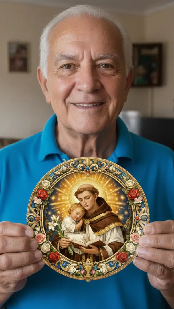 Cliente idoso sorrindo ao segurar um quadro redondo da Sacralle com a imagem de Santo Antônio em seu cantinho de fé doméstico.