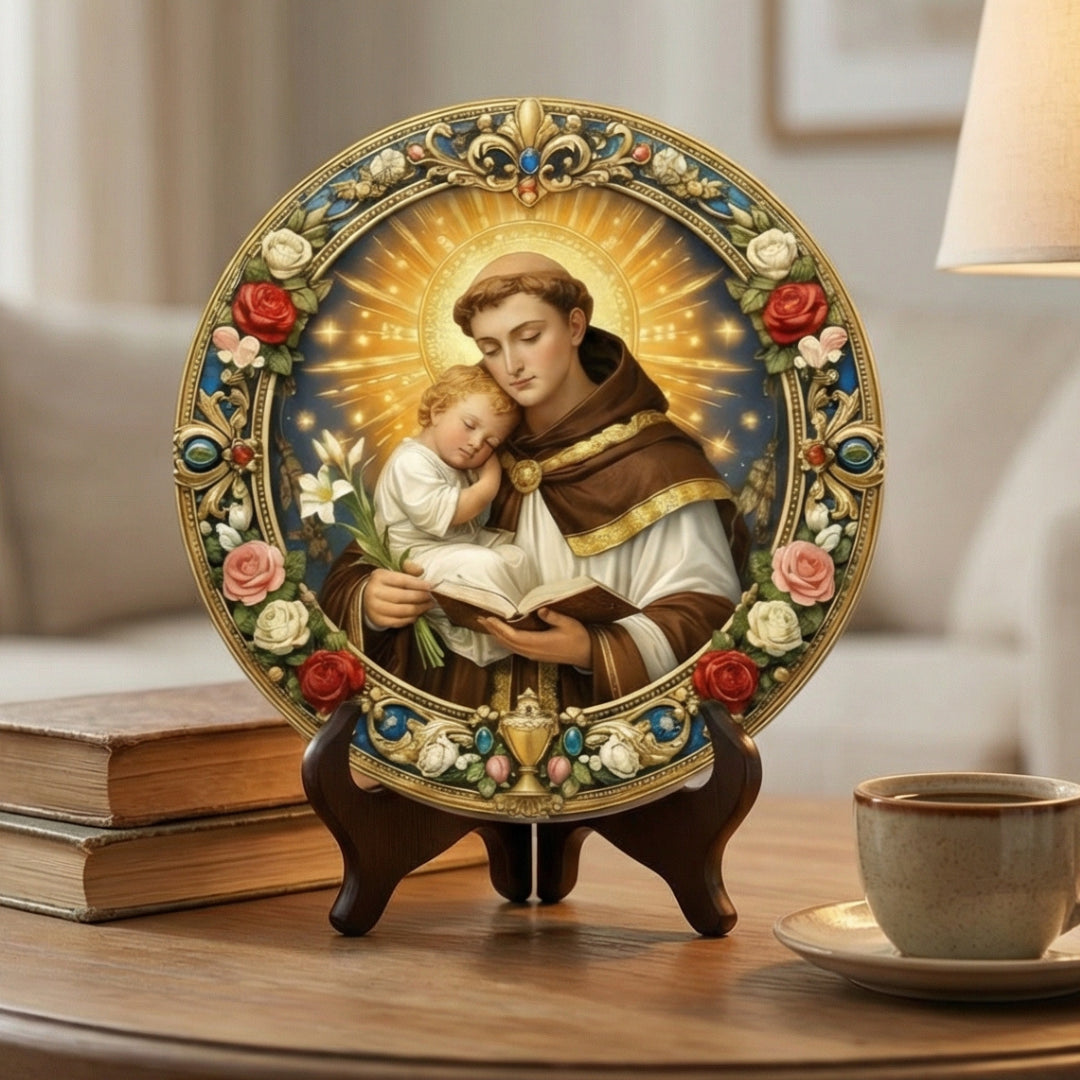 Medalhão decorativo católico com imagem de Santo Antônio Coleção Resplendor, objeto de decoração sacra para ambientes religiosos