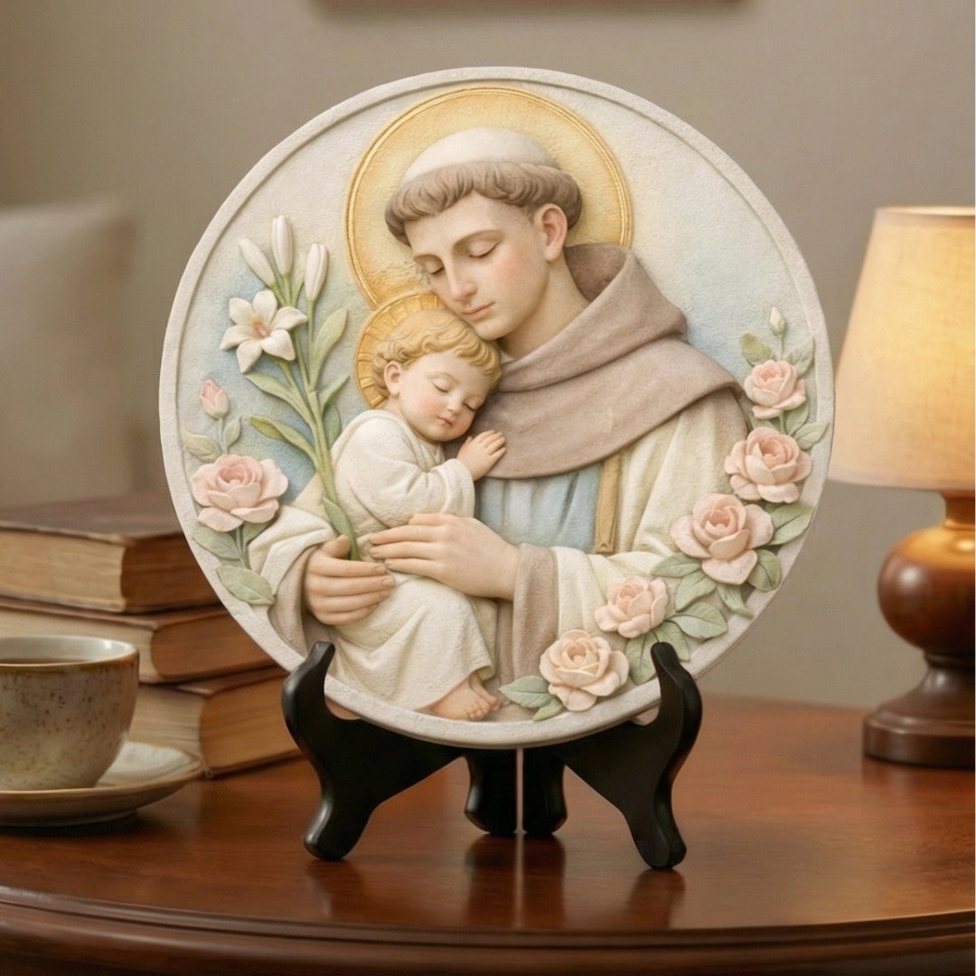 Medalhão decorativo católico com imagem de Santo Antônio Coleção Serenidade, objeto de decoração sacra para ambientes religiosos