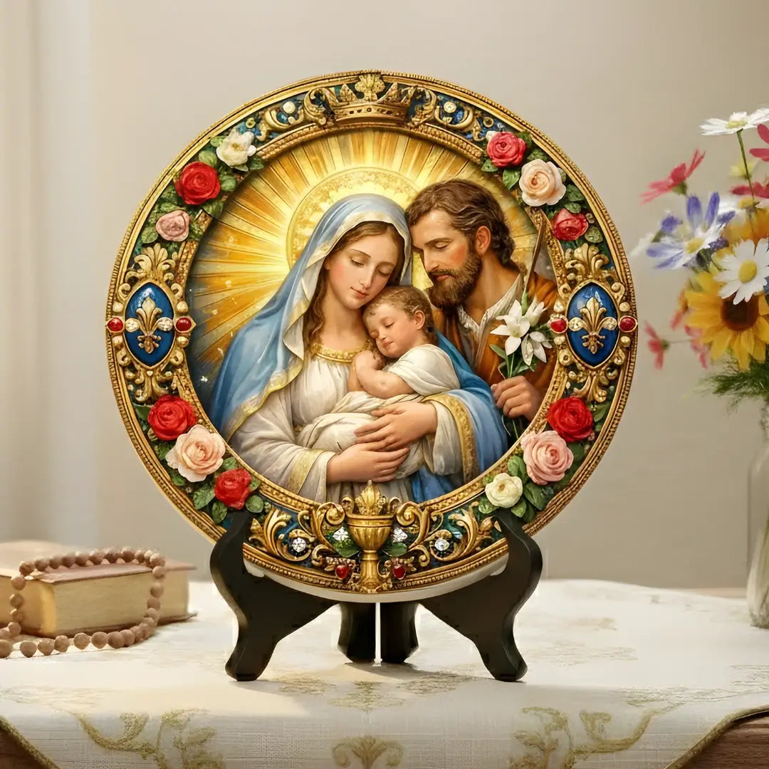 Quadro decorativo circular de Sagrada Família para Santuário Lar, Estilo Cores Vibrantes, Coleção Resplendor da Sacralle.