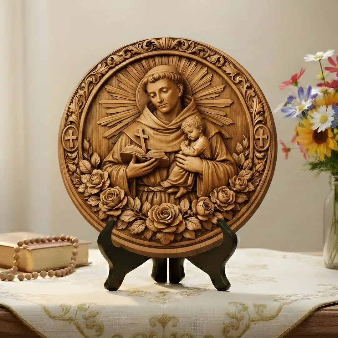 Quadro decorativo circular de Santo Antônio para Santuário Lar, Estilo Madeira, Coleção Legado da Sacralle.