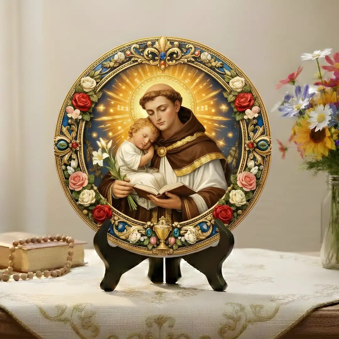 Quadro decorativo circular de Santo Antônio para Santuário Lar, Estilo Cores Vibrantes, Coleção Resplendor da Sacralle.
