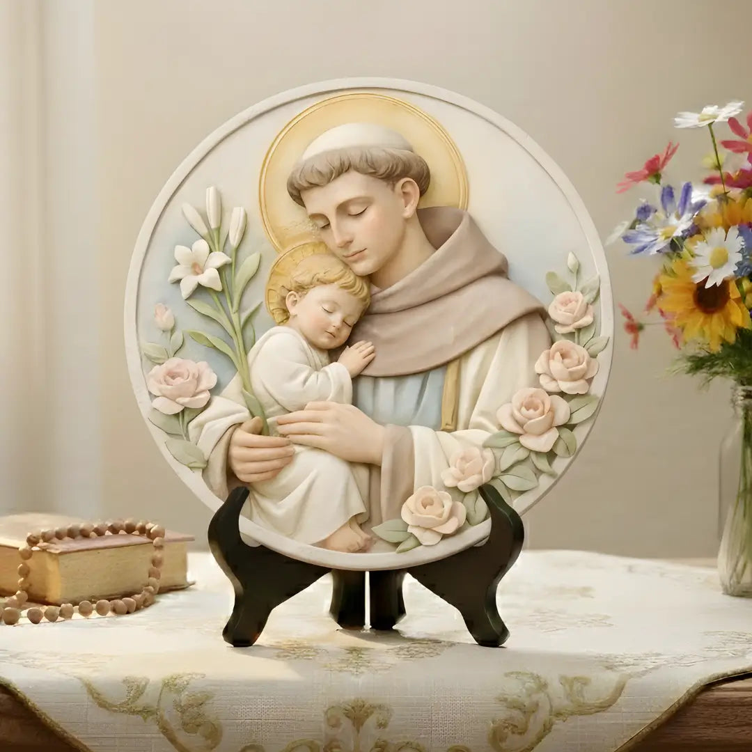 Quadro decorativo circular de Imaculado Coração de Santo Antônio, Estilo Gesso Minimalista, Coleção Serenidade da Sacralle.