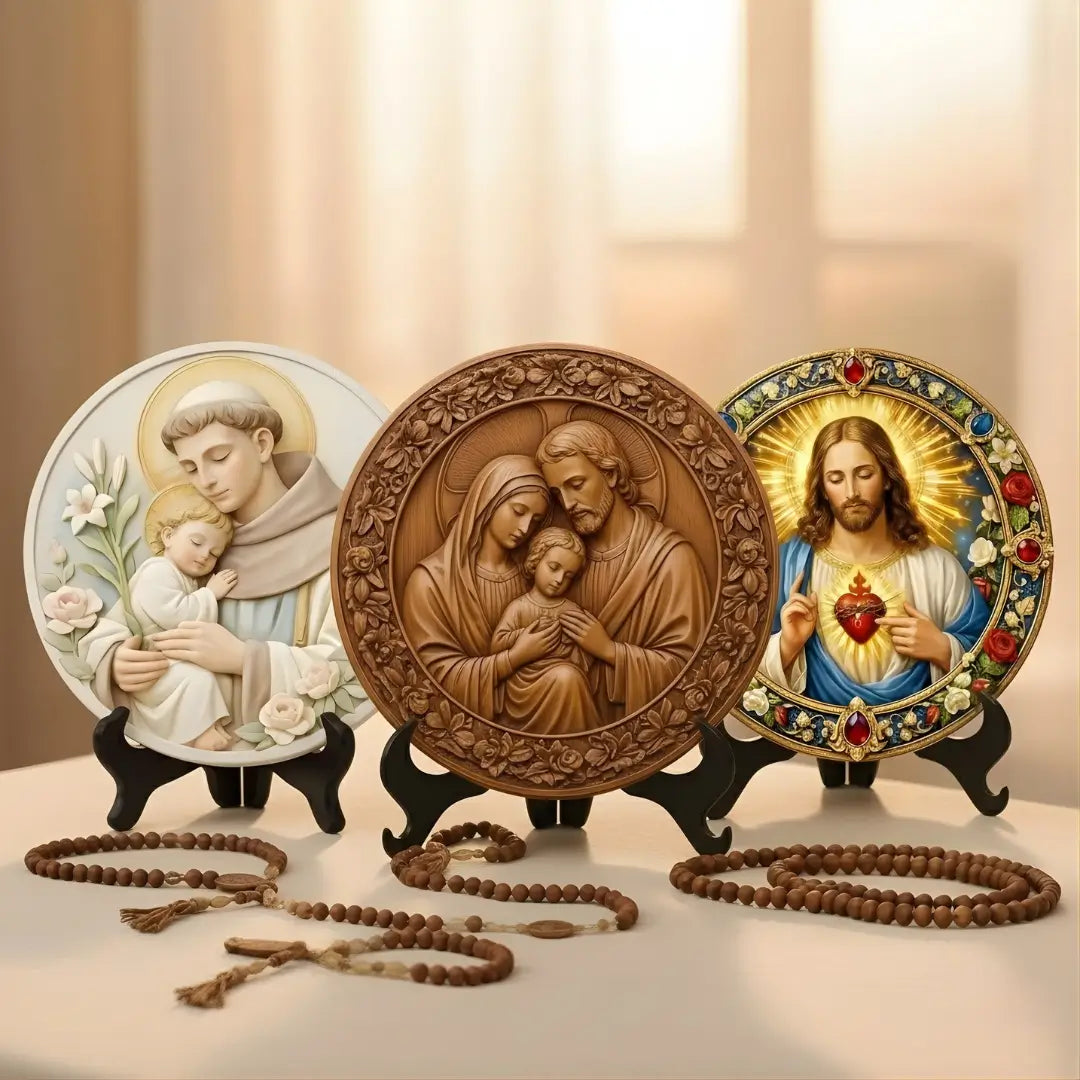 Três medalhões católicos da Sacralle exibidos juntos: Coleção Serenidade (Santo Antônio), Coleção Legado (Sagrada Família em estilo madeira) e Coleção Resplendor (Sagrado Coração de Jesus), acompanhados por um terço de madeira em um ambiente acolhedor.